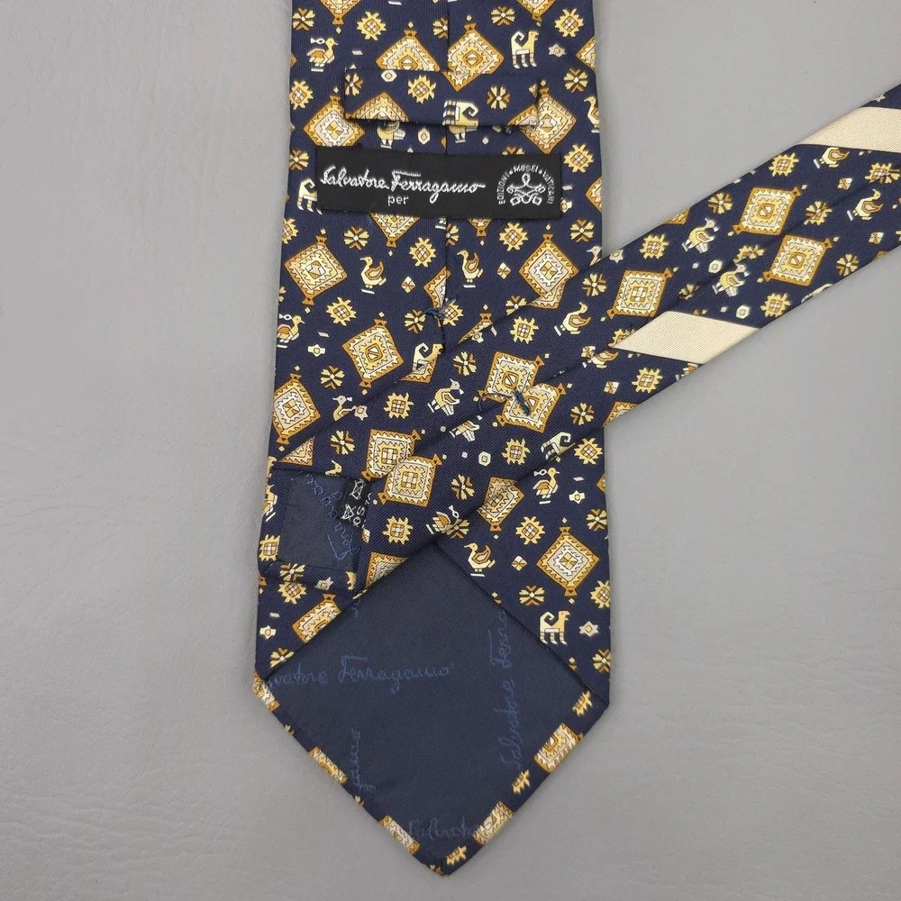 Salvatore Ferragamo Tie Mens Blue Silk Geometric Animal Italy Musei Vaticani
